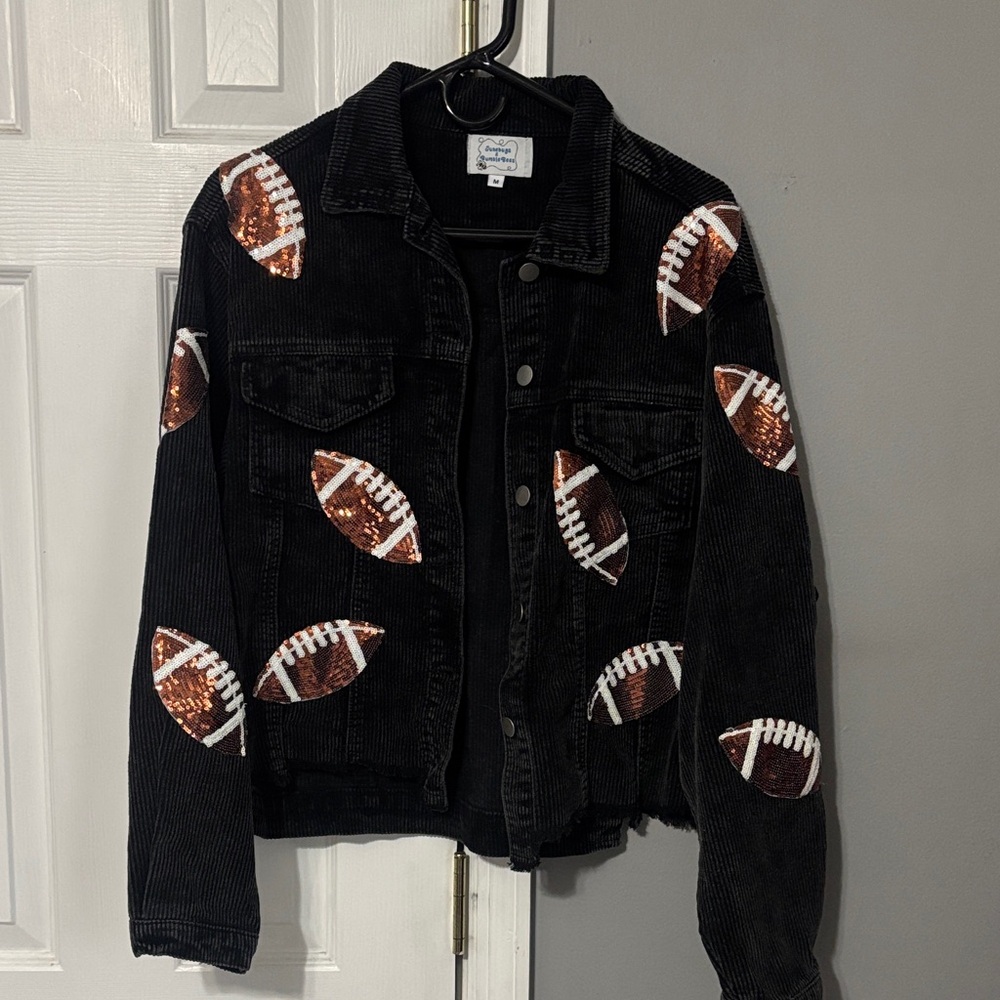 Black Corduroy Jacket with Sequin Football Appliqués